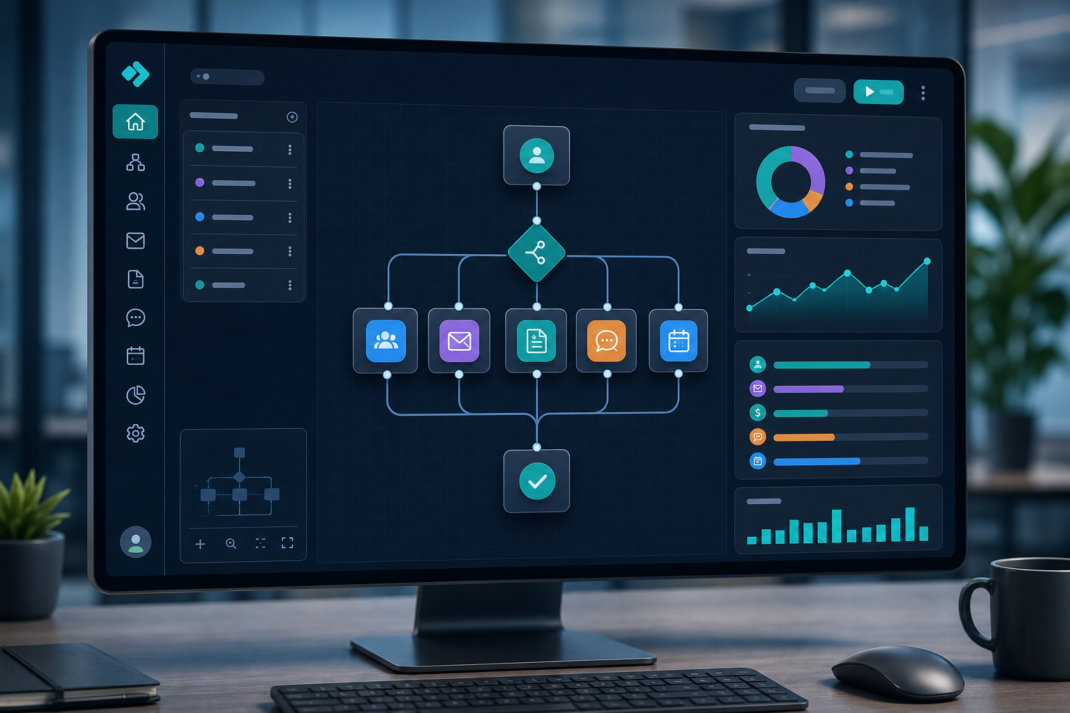 Tableau de flux de travail reliant le CRM, les courriels, les factures et la prise de rendez-vous