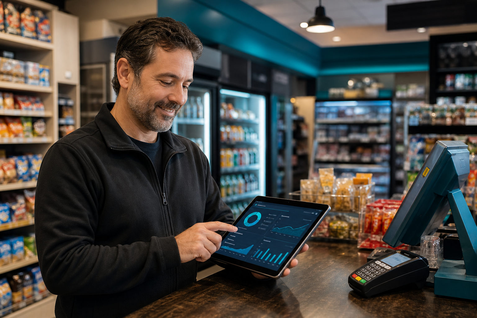 Le propriétaire du dépanneur utilise le tableau de bord IA au comptoir