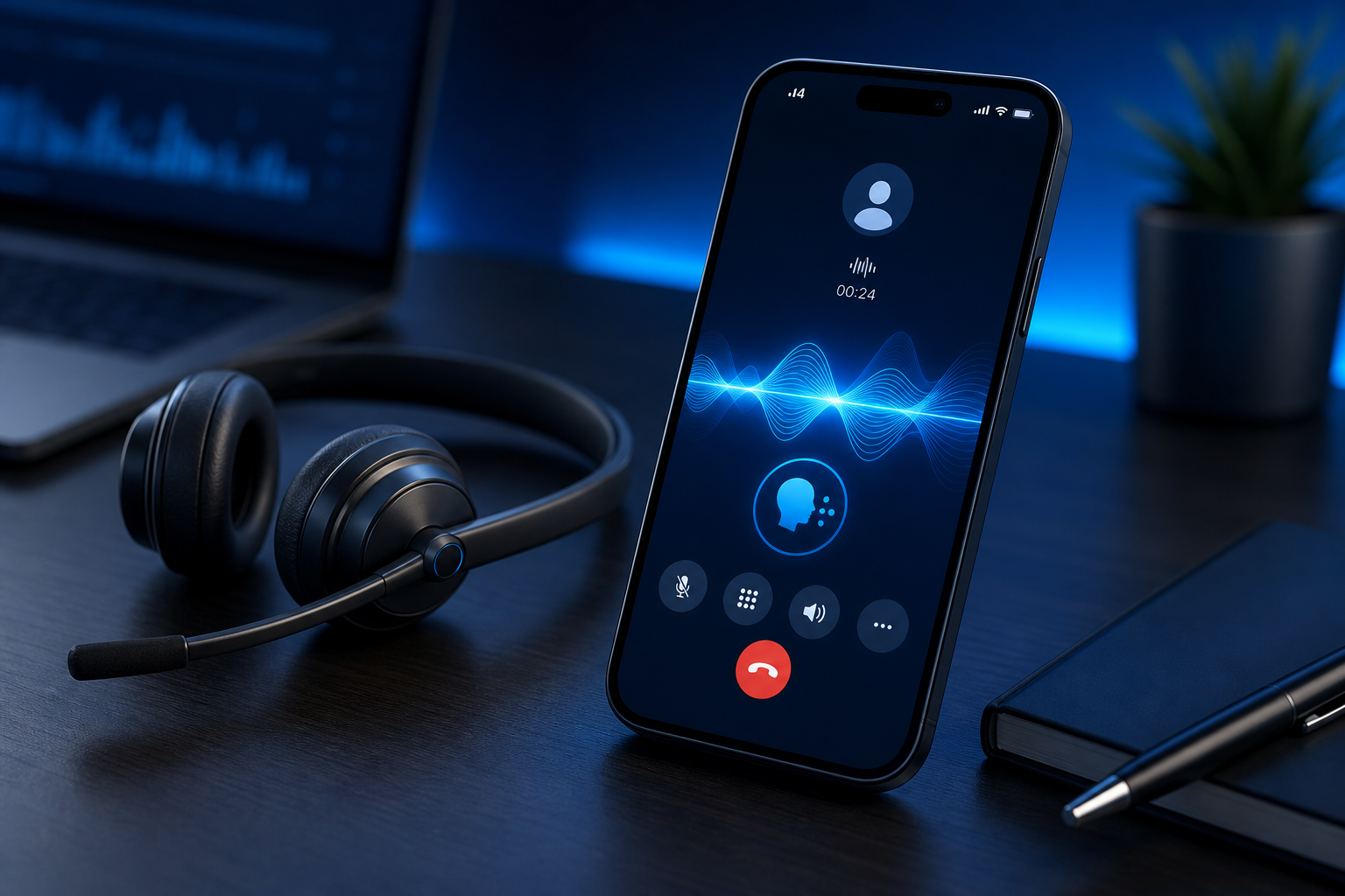 Écran de téléphone avec une onde sonore d'IA vocale en direct gérant un appel